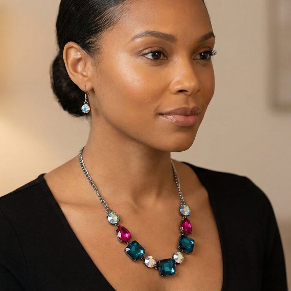Statement Necklace Set Teal & Fuchsia Crystals on SilverTone Chain Drop Earrings